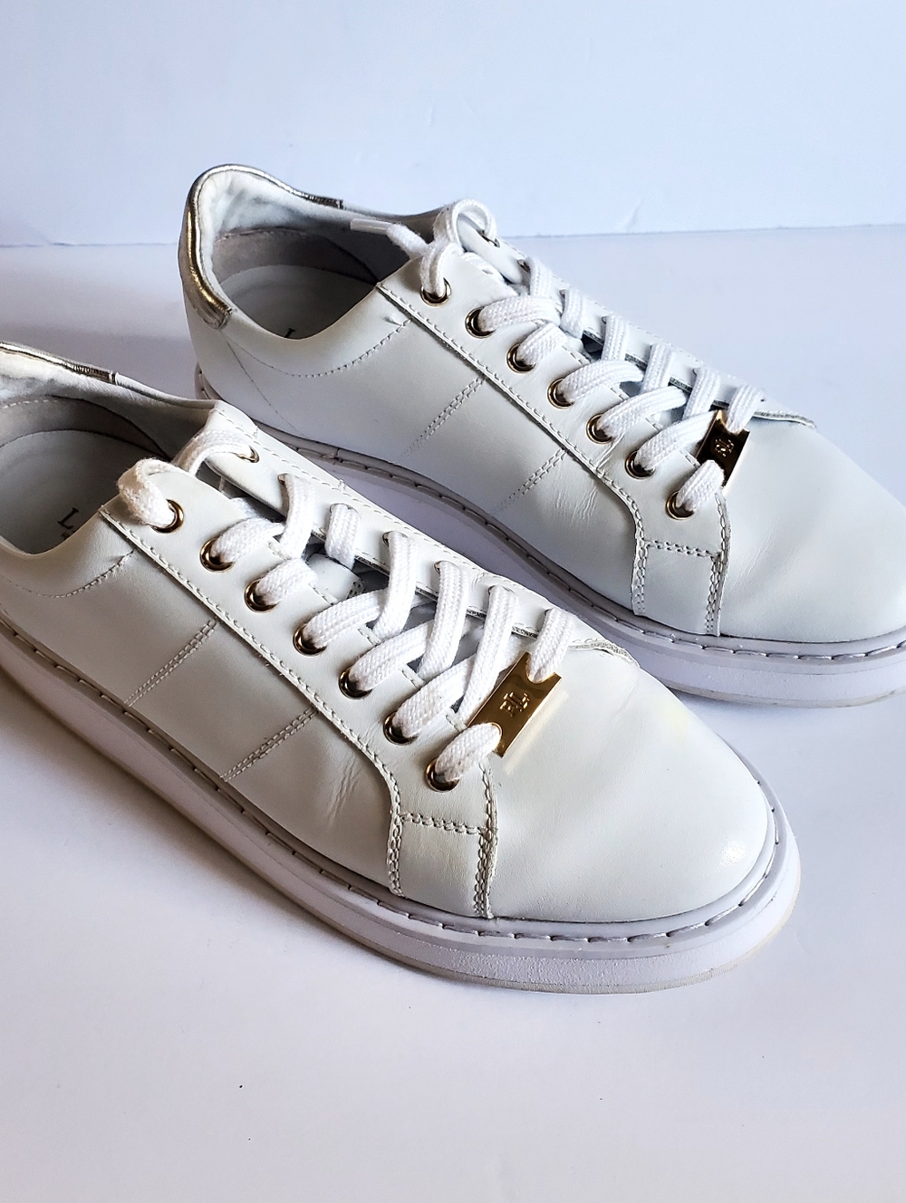 Ralph Lauren White Leather Sneakers with Gold Accents Size 9.5